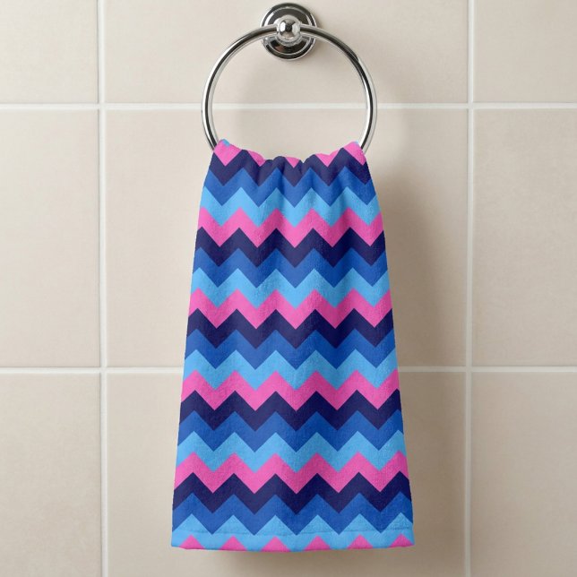 Cool Blue Pink Chevron Pattern Hand Towel (Cool Blue Pink Chevron Pattern Hand Towel hanging on a towel ring in a bathroom.)
