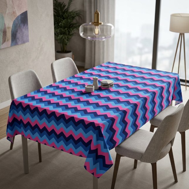 Cool Blue Pink Chevron Pattern Large Tablecloth (Cool Blue Pink Chevron Pattern Large Tablecloth covering a table in a modern style dining room.)