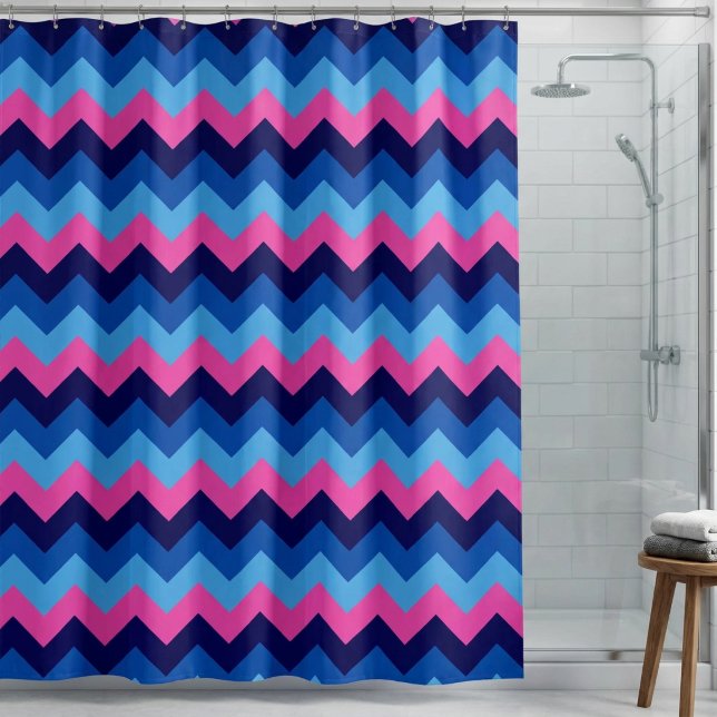 Cool Blue Pink Chevron Pattern Shower Curtain (Cool Blue Pink Chevron Pattern Shower Curtain hanging in shower in a bathroom.)
