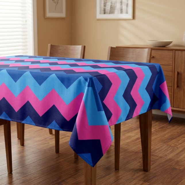 Cool Blue Pink Chevron Pattern Small Tablecloth (Cool Blue Pink Chevron Pattern Small Tablecloth covering a table in a dining room in a home.)
