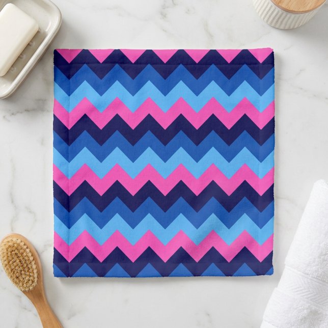 Cool Blue Pink Chevron Pattern Washcloth Wash Cloth (Cool Blue Pink Chevron Pattern Washcloth laying on counter next to bath accessories in bathroom.)