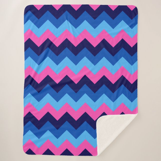 Cool Blue Pink Chevron Print Large Sherpa Blanket (Front)