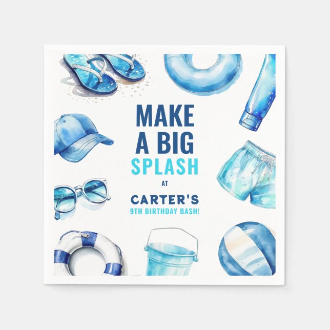 Cool Blue Pool Party Summer Boys Birthday Napkin (Front)