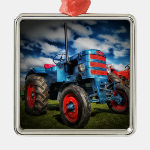 Cool Blue Red Antique Tractor Gifts for Farmers Metal Tree Decoration