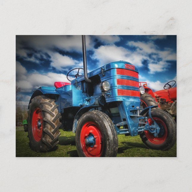 Cool Blue Red Antique Tractor Gifts for Farmers Postcard (Front)