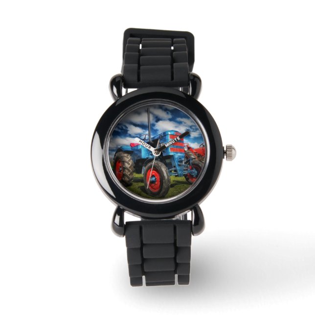 Cool Blue Red Antique Tractor Gifts for Farmers Watch (Front)