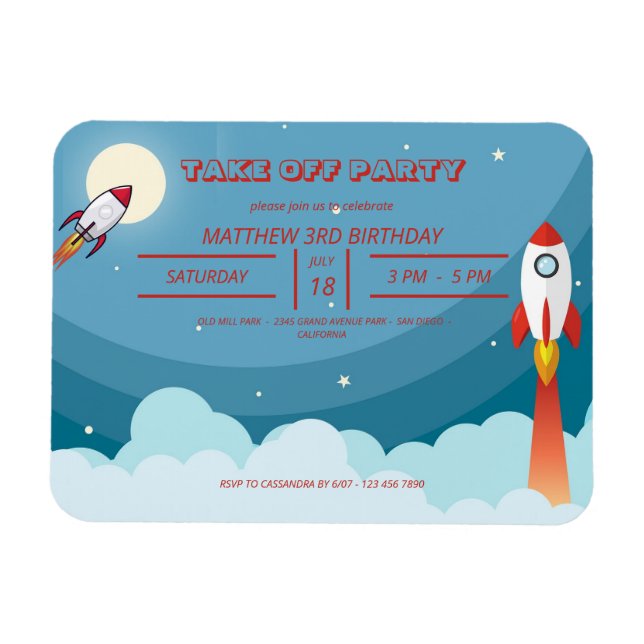 Cool Blue Red Space Ship Take Off Birthday Party   Magnet (Horizontal)