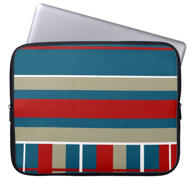 Cool Blue Red Tan White Striped Pattern Nautical Laptop Sleeve (Front)