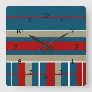 Cool Blue Red Tan White Striped Pattern Nautical Square Wall Clock