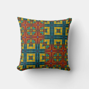 Cool Blue Red Yellow Retro Geometric Ethnic Tribal Cushion