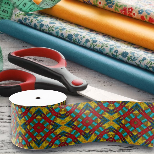 Cool Blue Red Yellow Retro Geometric Ethnic Tribal Grosgrain Ribbon (Creator Uploaded)