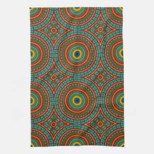 Cool Blue Red Yellow Retro Geometric Ethnic Tribal Tea Towel