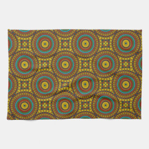 Cool Blue Red Yellow Retro Geometric Ethnic Tribal Tea Towel