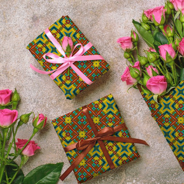 Cool Blue Red Yellow Retro Geometric Ethnic Tribal Wrapping Paper (Creator Uploaded)