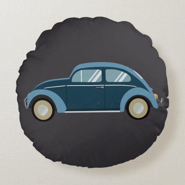 cool blue retro car with scuffs round cushion (Front)