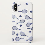 Cool Blue Retro Racquets Pattern Tennis Player   iPhone X Case<br><div class="desc">Classic Elegant Minimal Navy Blue Tennis Rackets Pattern For Him | Summer Pastel Tennis Court. Gift for tennis player, navy colour racquet tennis match on a white background. Personalised Gift for a tennis player. Trendy tennis players home decor. Trendy modern tennis player gifts. Cool retro modern gift for your school...</div>