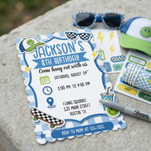 Cool Blue Skateboard Chequered Boys Birthday Invitation