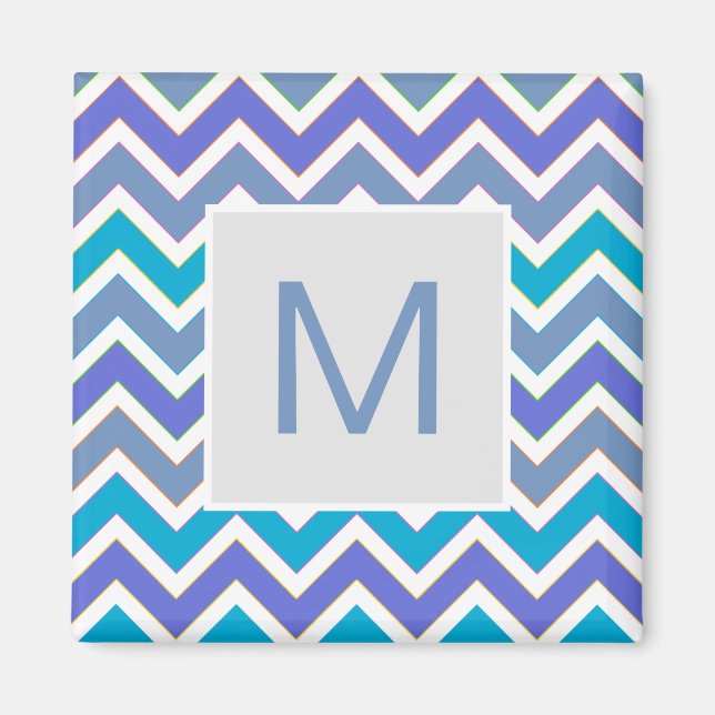 Cool Blue Sporty Chevron Pattern Monogram Magnet (Front)