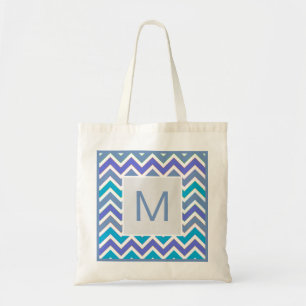 Cool Blue Sporty Chevron Pattern Monogram Tote Bag