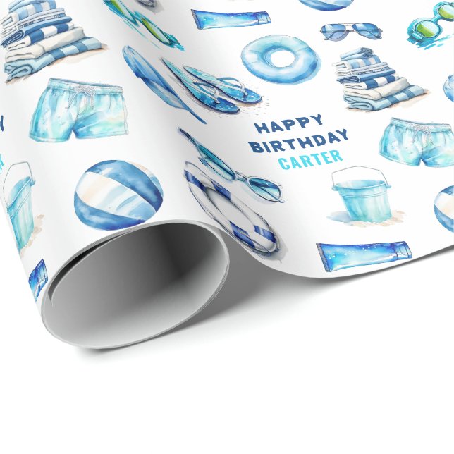 Cool Blue Summer Boys Birthday Wrapping Paper (Roll Corner)