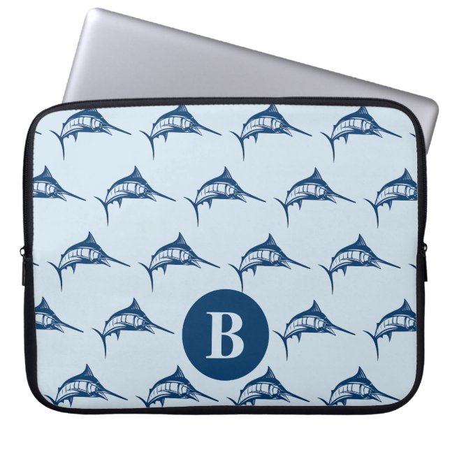 Cool Blue Swordfish Pattern Monogram Laptop Sleeve (Front)