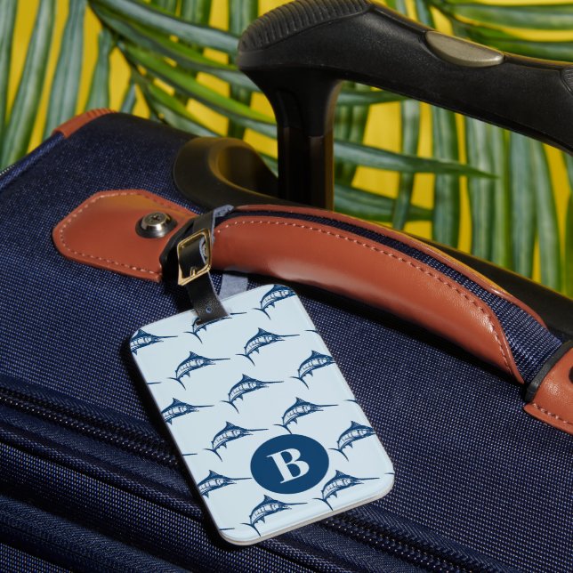 Cool Blue Swordfish Pattern Monogram Luggage Tag (Front Insitu 1)
