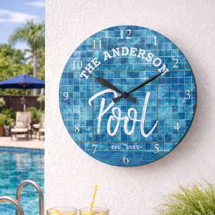 Cool Blue Tile Swimming Pool Family Name Custom La Large Clock
