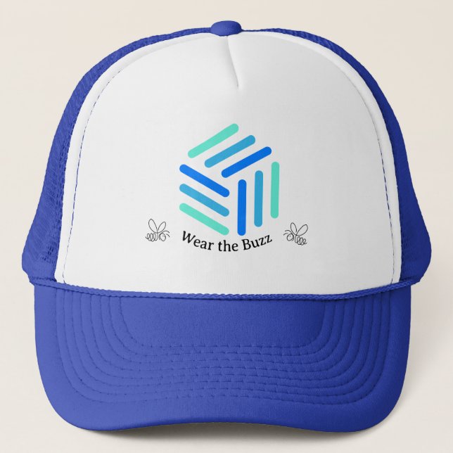 Cool Blue Trucker Hat with Honeybee-Inspired Logo (Front)