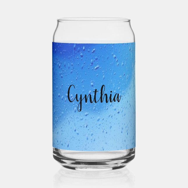 Cool blue water drops personalised can glass (Front)