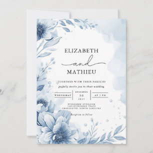 Cool Blue Watercolor Floral Wedding Invitation