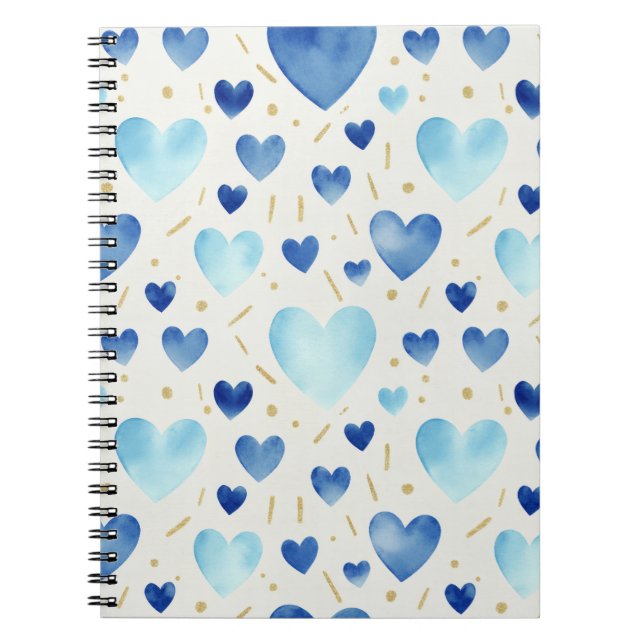 Cool Blue Watercolor Hearts Notebook (Front)