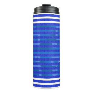 Cool Blue White Geometric Stripes Thermal Tumbler