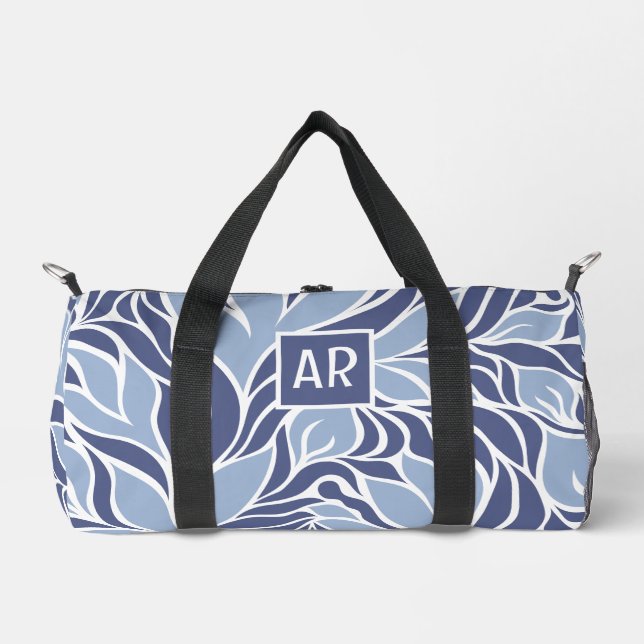 Cool Blue & White Modern Floral Pattern Monogram Duffle Bag (Front)