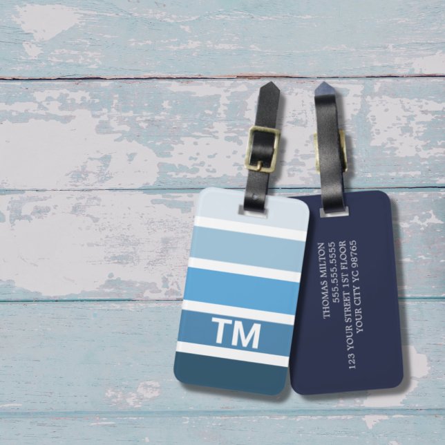 Cool Blue White Stripes Monogram Luggage Tag (Creator Uploaded)