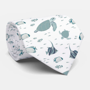 Cool Blue White Turtles and Fish Ocean Pattern Tie