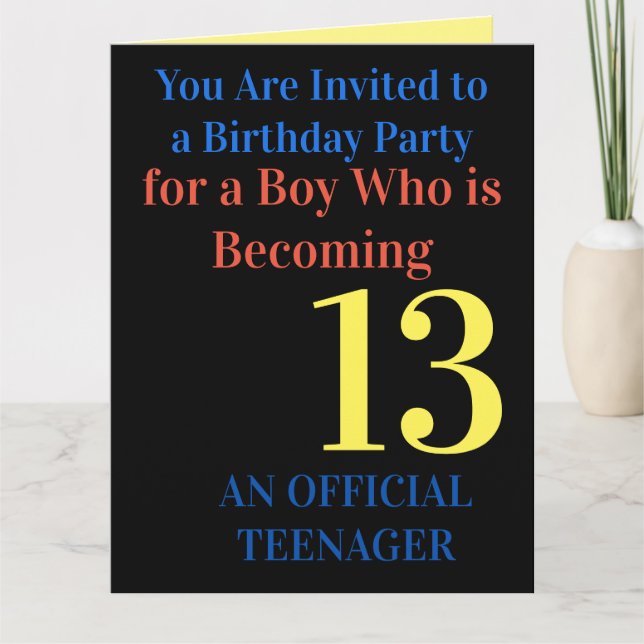 Cool Blue Yellow 13 Birthday Party Invitation Card (Front)