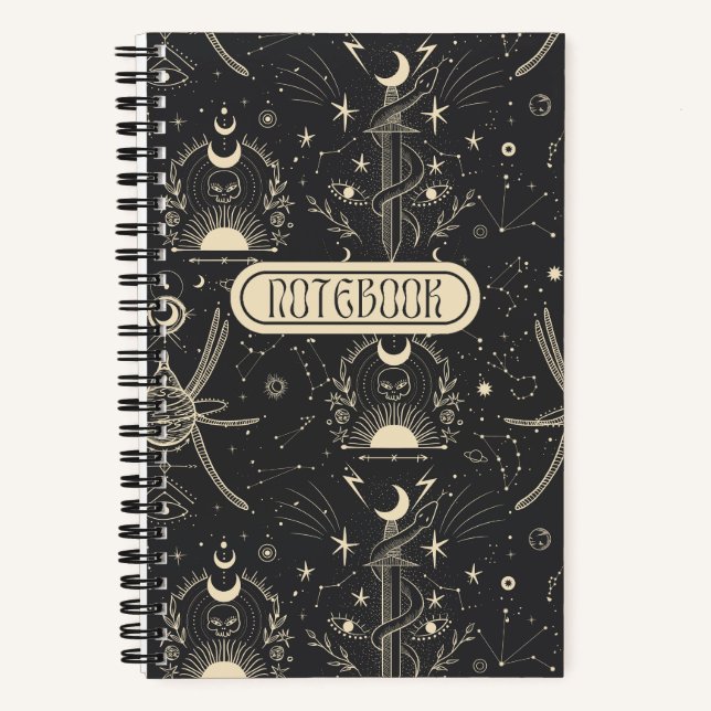 Cool Boho Skulls Stars Moon Spiral Notebook (Front)