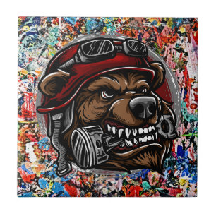 Cool & Bold Art for Your Space  - Biker Bear Retro Tile