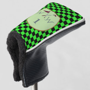 Cool Bold Neon Green & Black Chequered Monogram Golf Head Cover