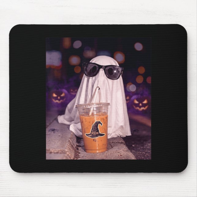 Cool boo ghost drinking iced coffee halloween mouse mat (Front)