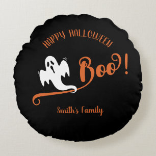 Cool Boo Little Ghost Happy Halloween Black Round Cushion