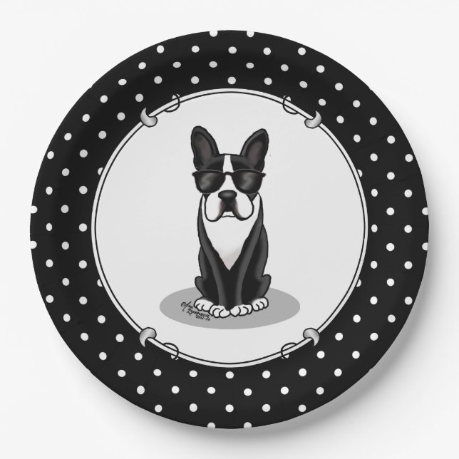 Cool Boston Terrier with Sunglasses (black) Dinner Paper Plate (Front)