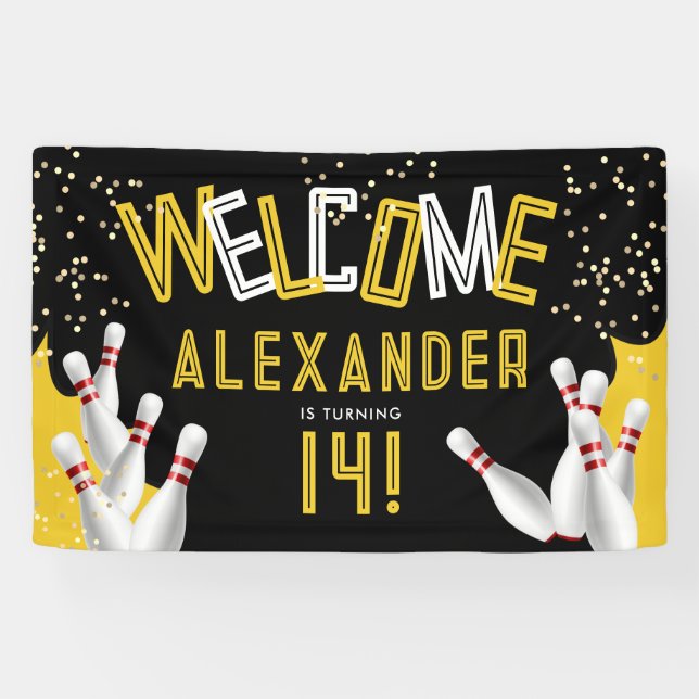 Cool Bowling Black And Yellow Strike Party Welcome Banner (Horizontal)