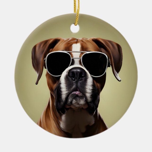 Cool Boxer Dog Ceramic Tree Decoration (Front)