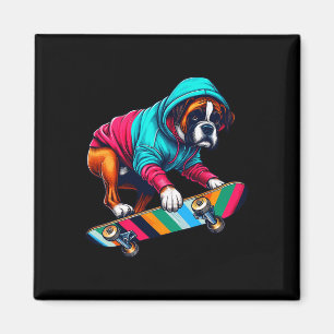 Cool Boxer Dog Skateboarding Illustration Art Magnet