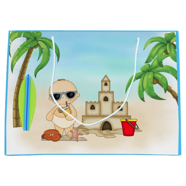 Cool Boy Beach Baby with Sandcastle and Surfboard Large Gift Bag (Front)