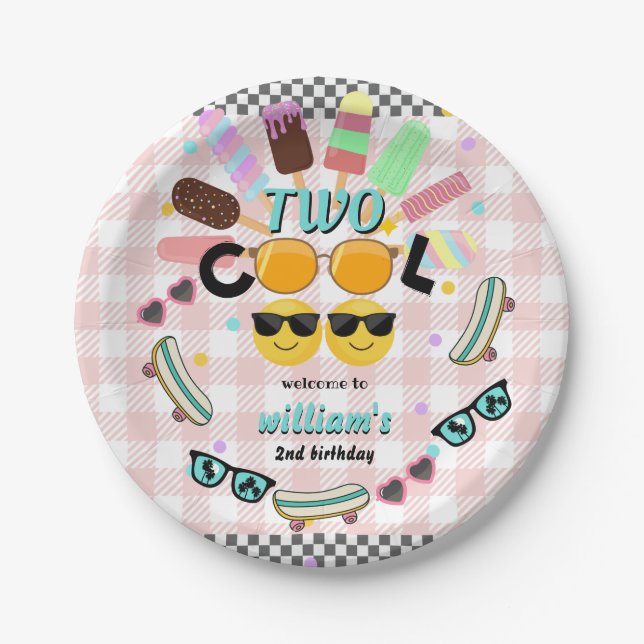 cool boy cute summer sweet two cool 2nd birthday paper plate (Front)
