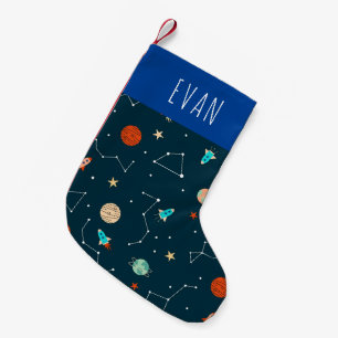 Cool Boy Outer Space Pattern With Name Kids Small Christmas Stocking
