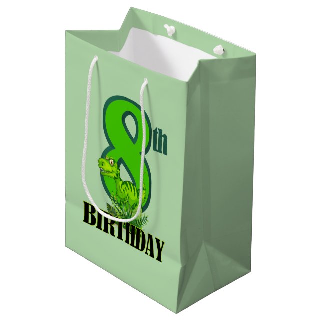 Cool boys dinosaur party 8th medium gift bag (Front Angled)