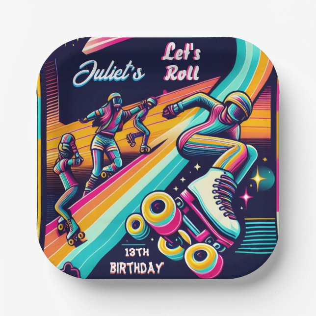 cool boys girls Roller Skating 13th Birthday Paper Plate (Front)